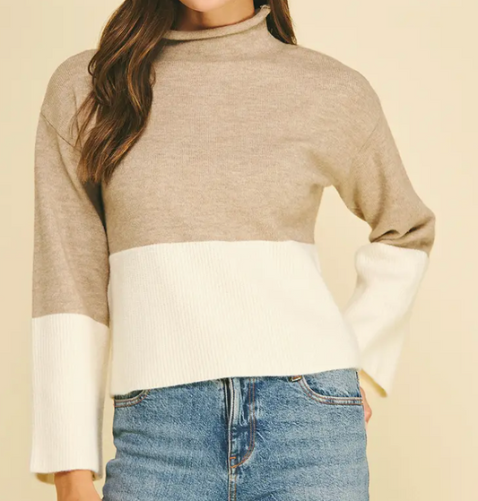 ColorBlock Mock Neck Sweater - Taupe
