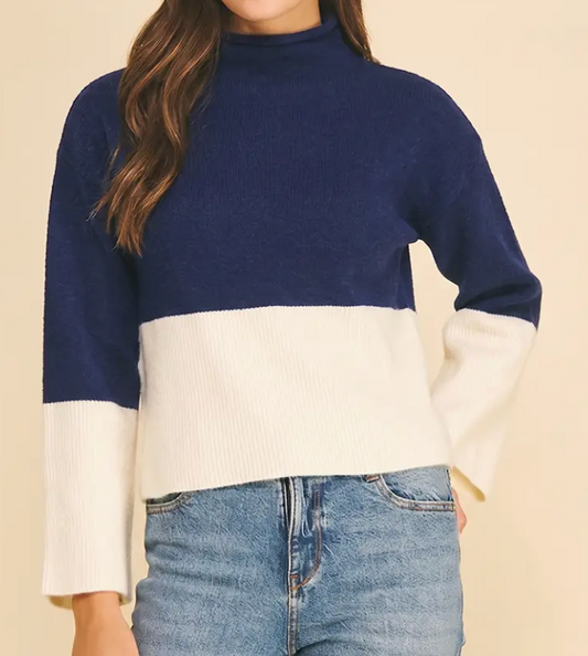 ColorBlock Mock Neck Sweater - Navy