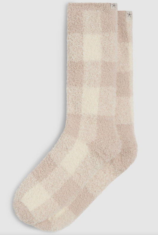 CozyChic Buffalo Plaid Socks- Cream Stone