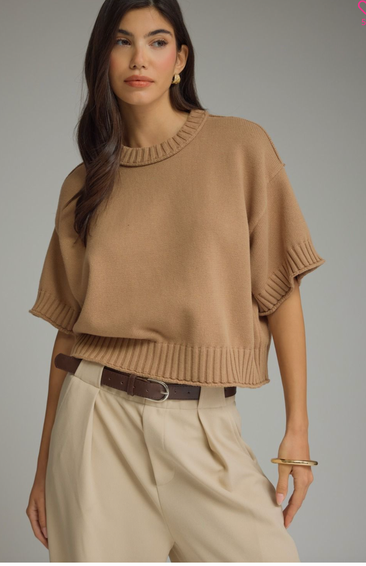 Short Sleeve Knit Top- Camel