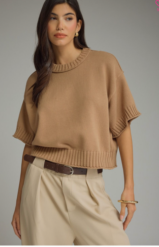 Short Sleeve Knit Top- Camel