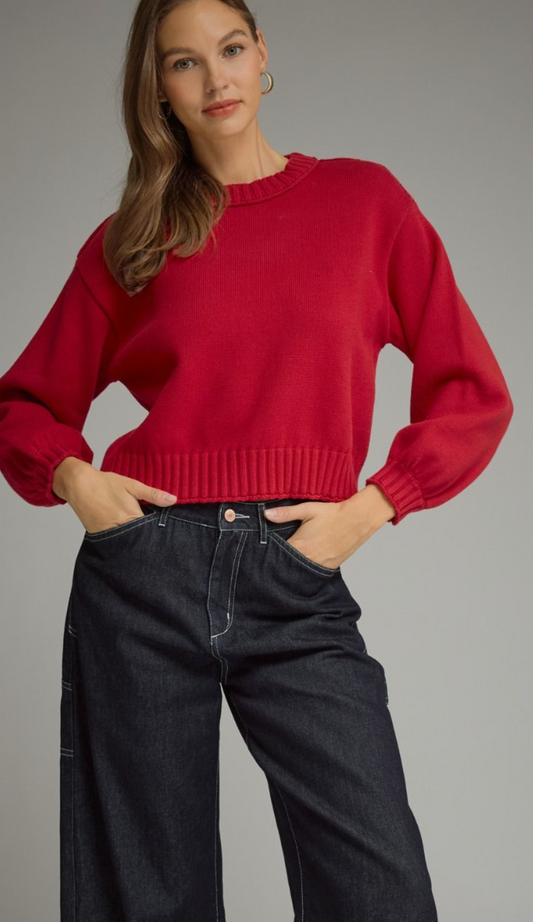 Long Sleeve Knit Top- Red