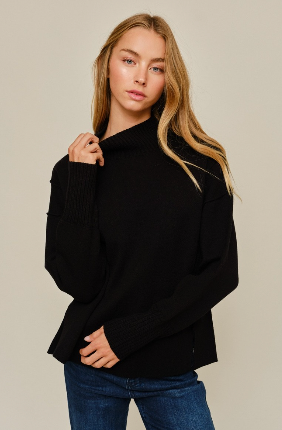 Side Slit Hem Mock Neck Sweater
