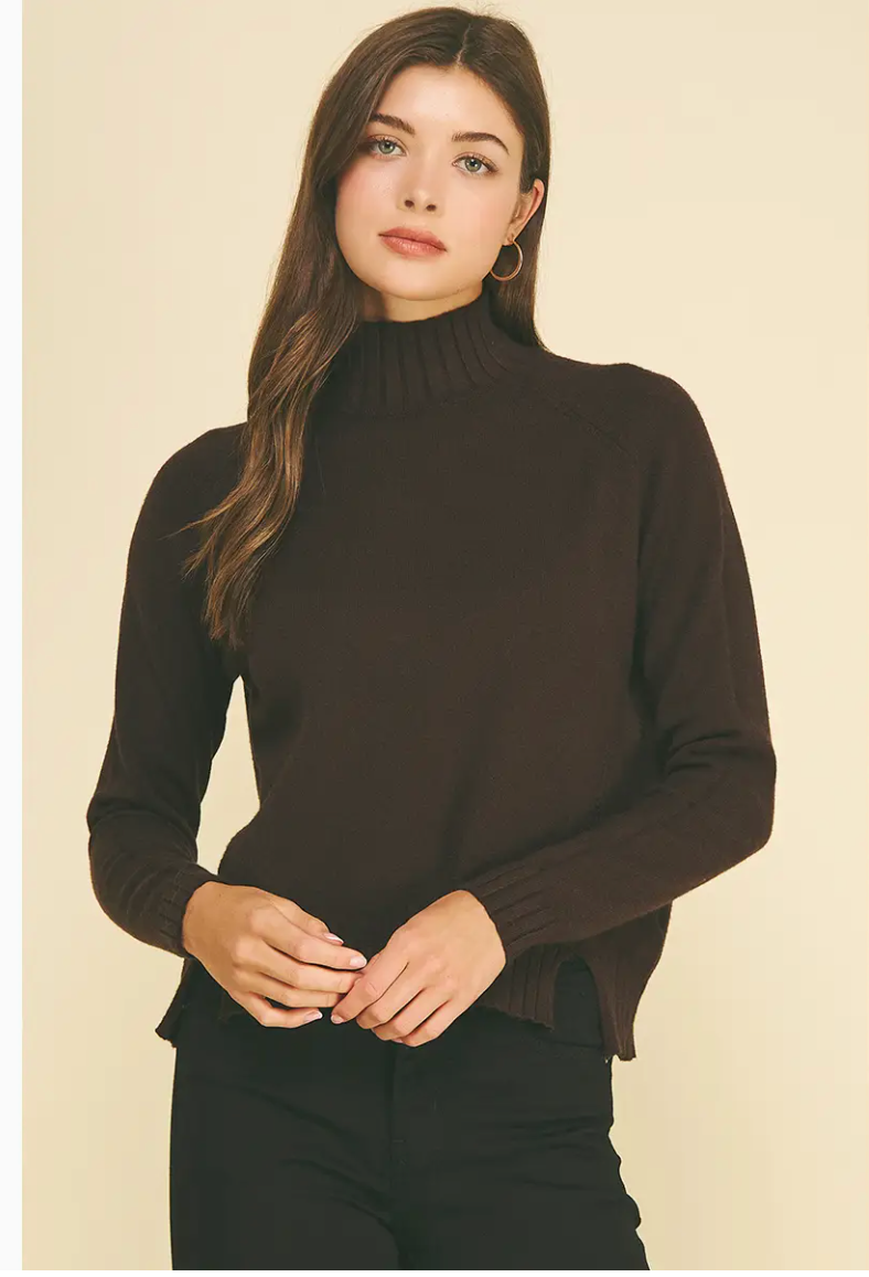 Mock Neck Sweater w/ Side Slit- Espresso