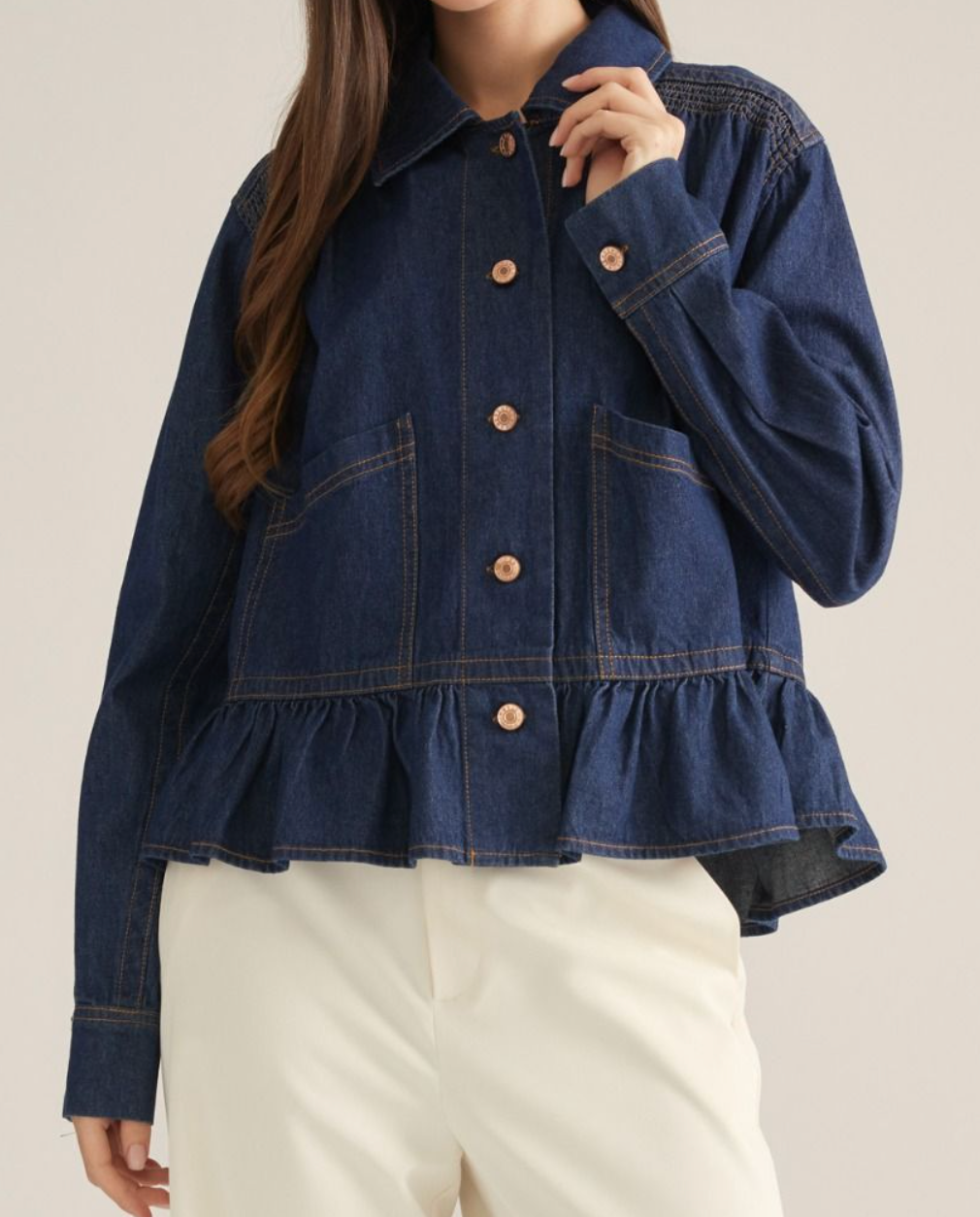 Smocked Button Up Denim Jacket