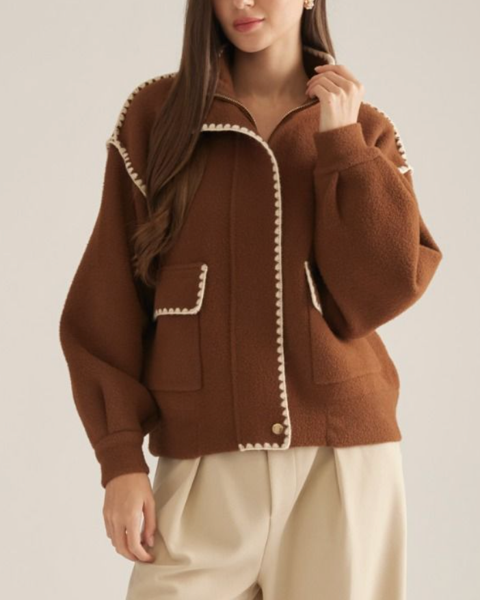 Contrast Whipstitch Knit Jacket- Camel