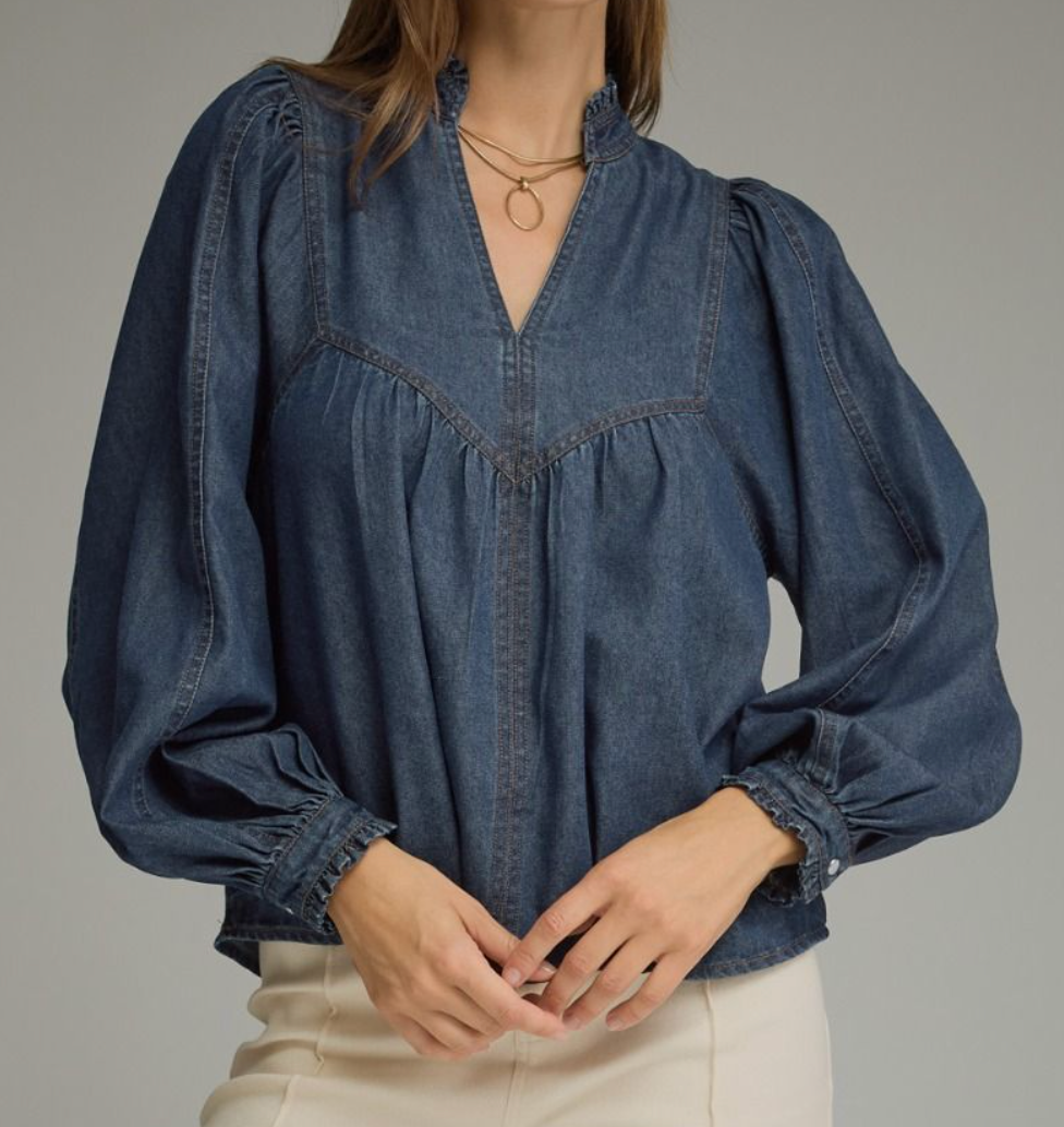 Balloon Sleeve V-Neck Denim Top