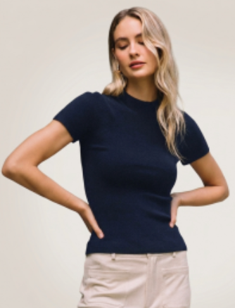 Short Sleeve Sweater Top- Navy