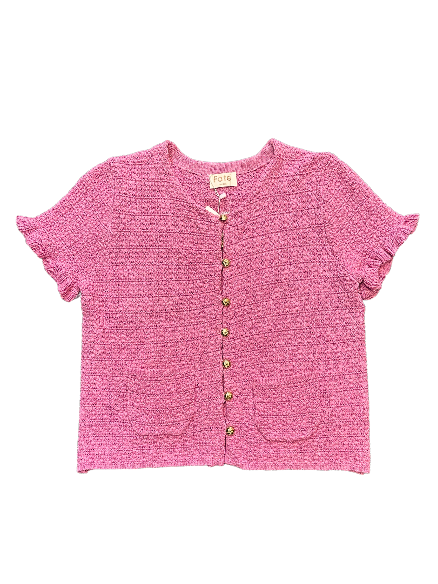 Ruffled Short Sleeve Textured Knit Cardigan