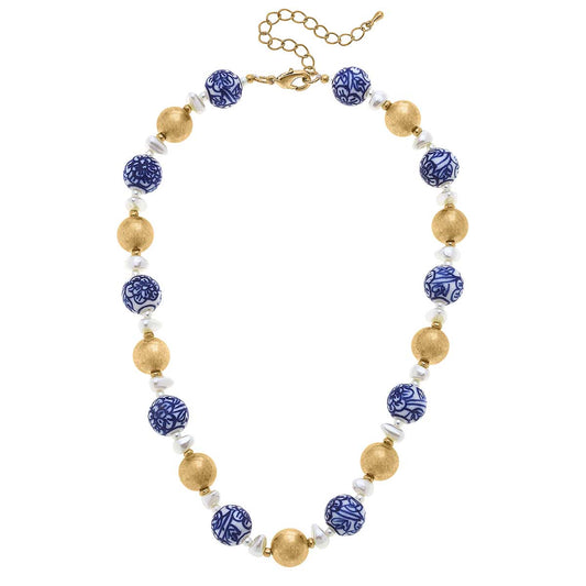 Paloma Chinoiserie & Ball Bead Necklace in Blue & White