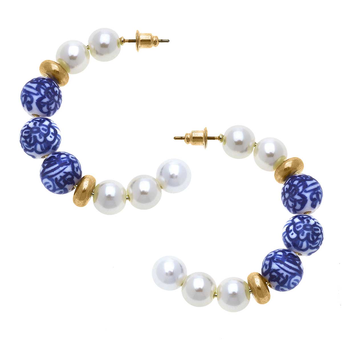 Margaret Chinoiserie & Pearl Hoop Earrings in Blue & White
