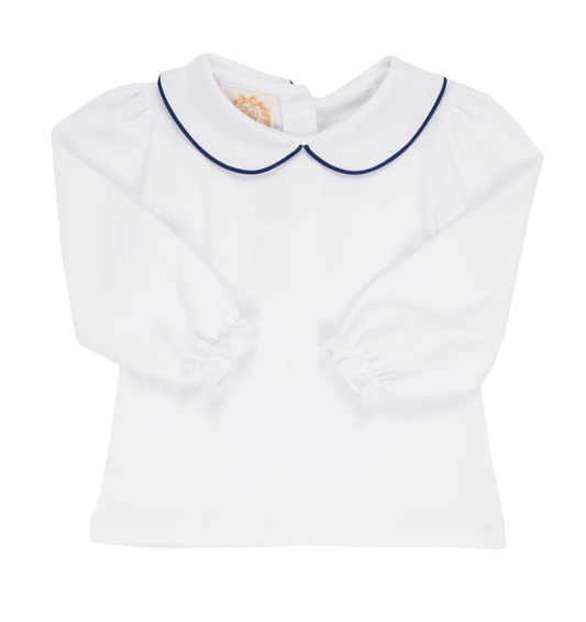 Maude's Peter Pan Collar Shirt & Onesie (Long Sleeve Pima) Worth Avenue White With Nantucket Navy