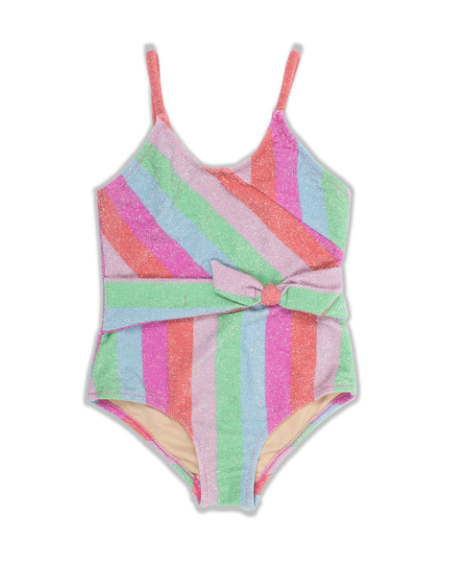 One Piece Faux Wrap Swimsuit - Shimmer Rainbow