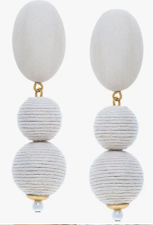 Kiera Wood and Raffia Drop Earrings in White