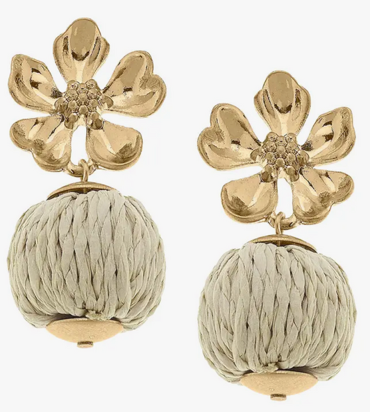 Copy of Lilah Flower Stud with Raffia Ball Earring - Natural