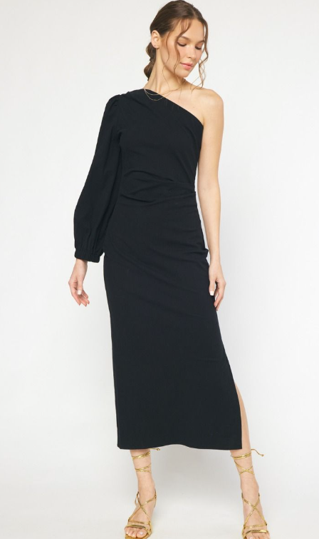 Single Sleeve Asymmetrical Maxi Dress - Black