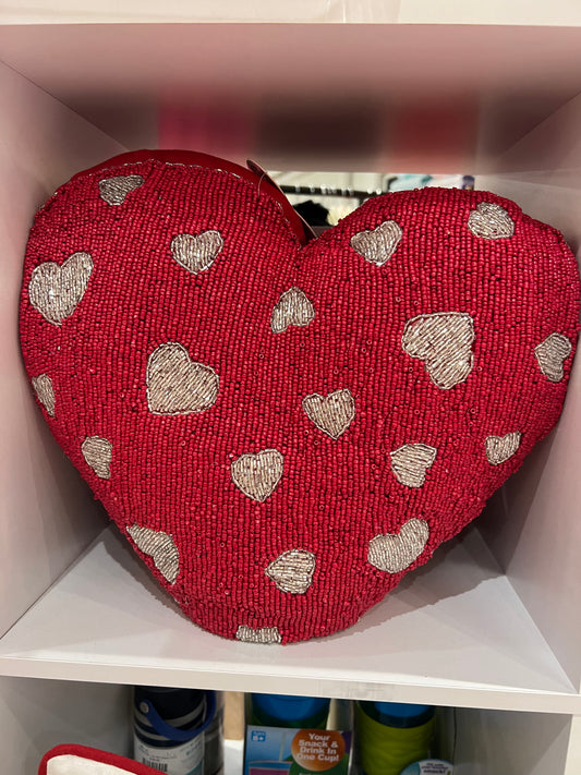 Heart Beaded Pillow - Red