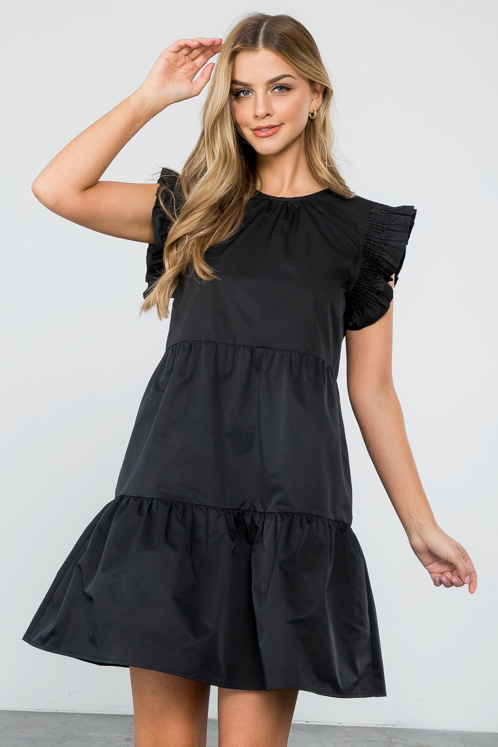 Ruffle Sleeve Tiered Dress - Black