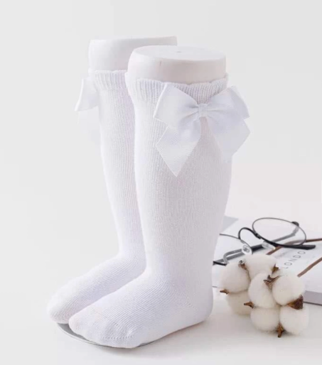 Girls Knee High Bow Socks - White