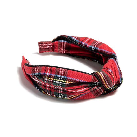 KNOTTED PLAID HEADBAND - RED